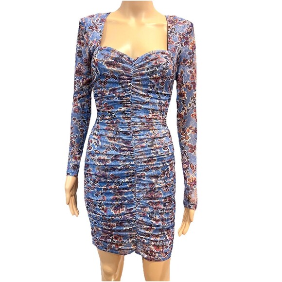 Aqua By Bloomingdale's Mini Ruched Bodycon Dress Long Sleeve Small Multicolor - Picture 1 of 12